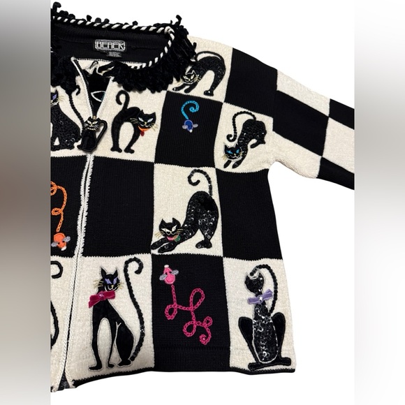 Rare Vintage Berek Black and White Checkered Cat Sweater Size Large - Picture 4 of 9